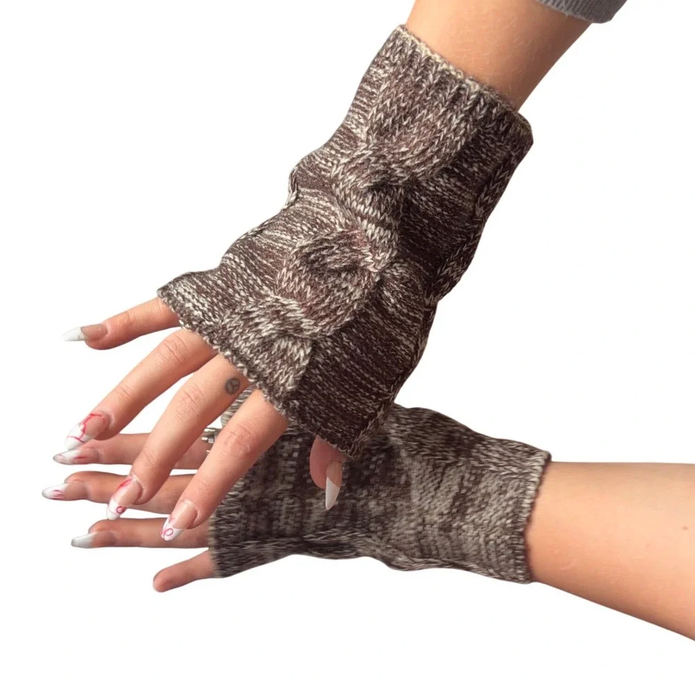 Brown Cable Knit Fingerless Gloves Marled Hand Warmers Winter Wrist Cuffs Womens